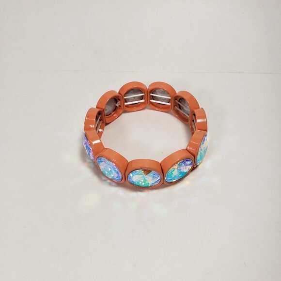 Chunky Iridescent Rhinestone Stretch Salmon Pink bracelet - Bold Women's Jewelry - Picture 8 of 8